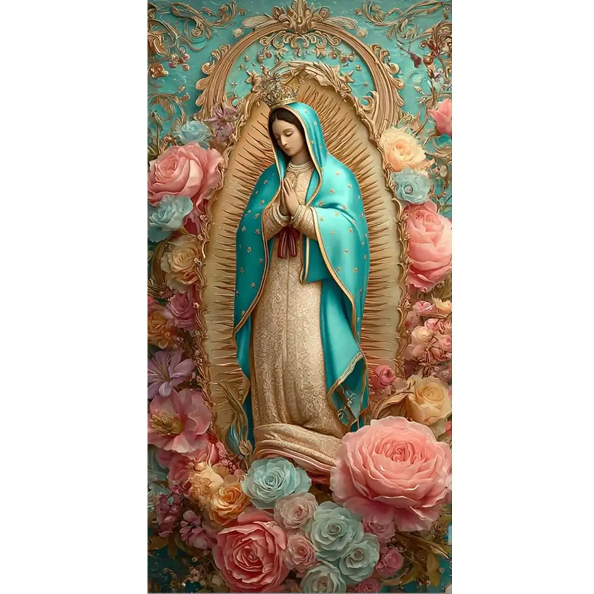 5D Diamond Painting Kit for Adults, Our Lady of Guadalupe with Colorful Roses Full Round Drill Diamond Art, Religious Catholic DIY Diamond Embroidery Vertical Wall Decor