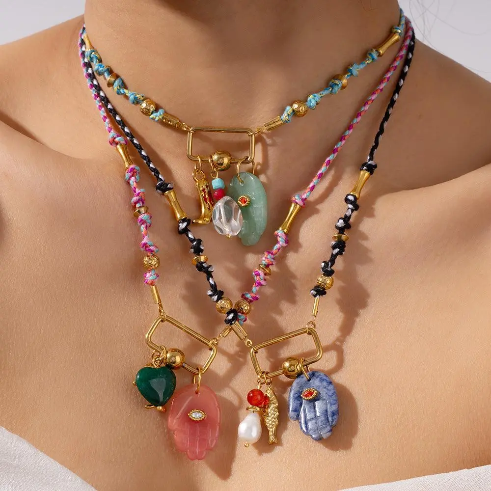Women's Long Hand-Woven Color Rope Stone Bead Necklace with Natural Stone Palm Eye Pendant, Ideal for Birthday Gifts and Party Outfits, Natural Stones Necklaces