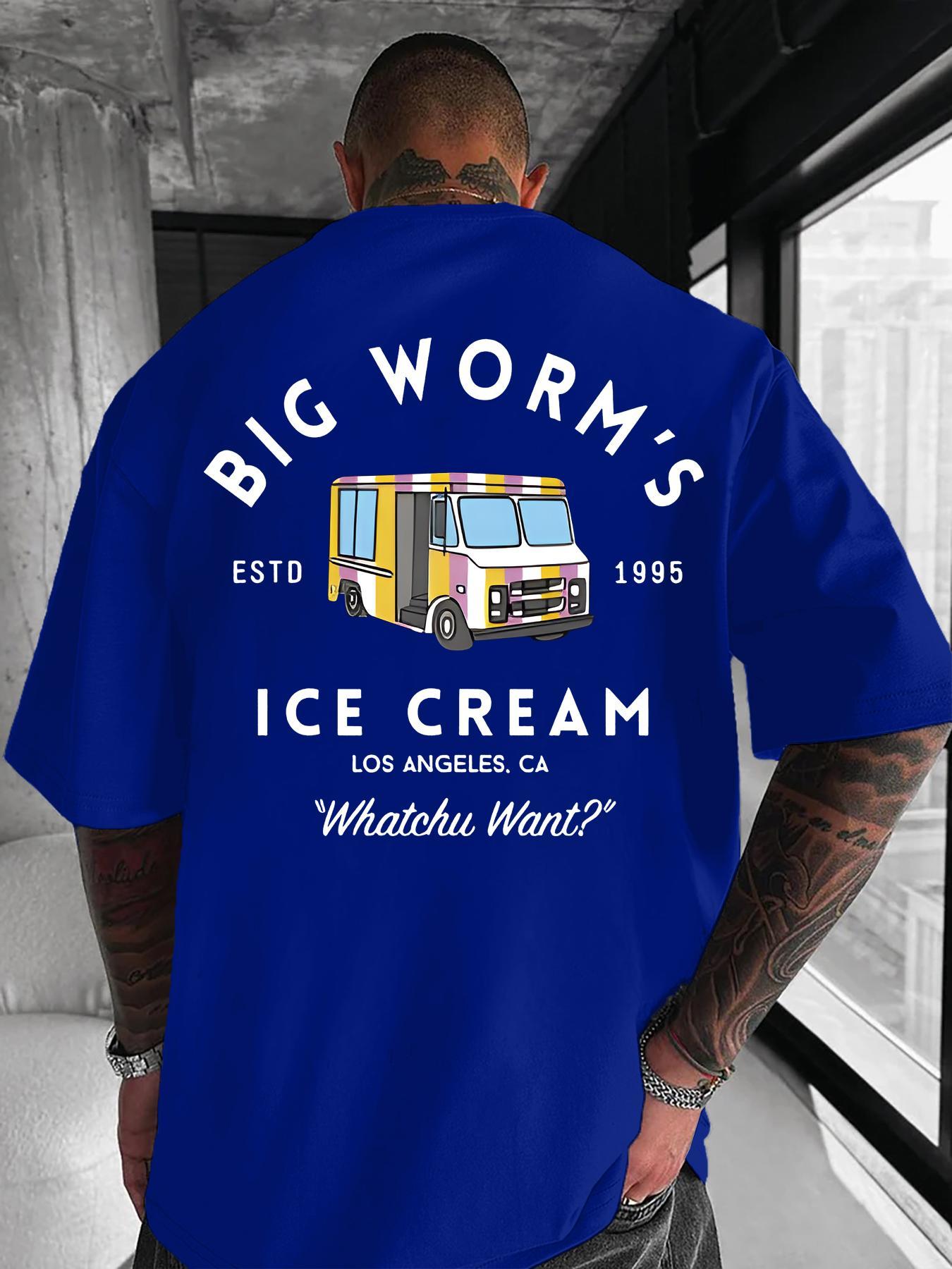 Men's Cartoon Ice Cream Truck & Letter Print Round Neck Tee, Loose Street Fashion Casual Short Sleeve T-shirt for Daily Wear, Men's Clothes for All Seasons, Casual Fit Streetwear
