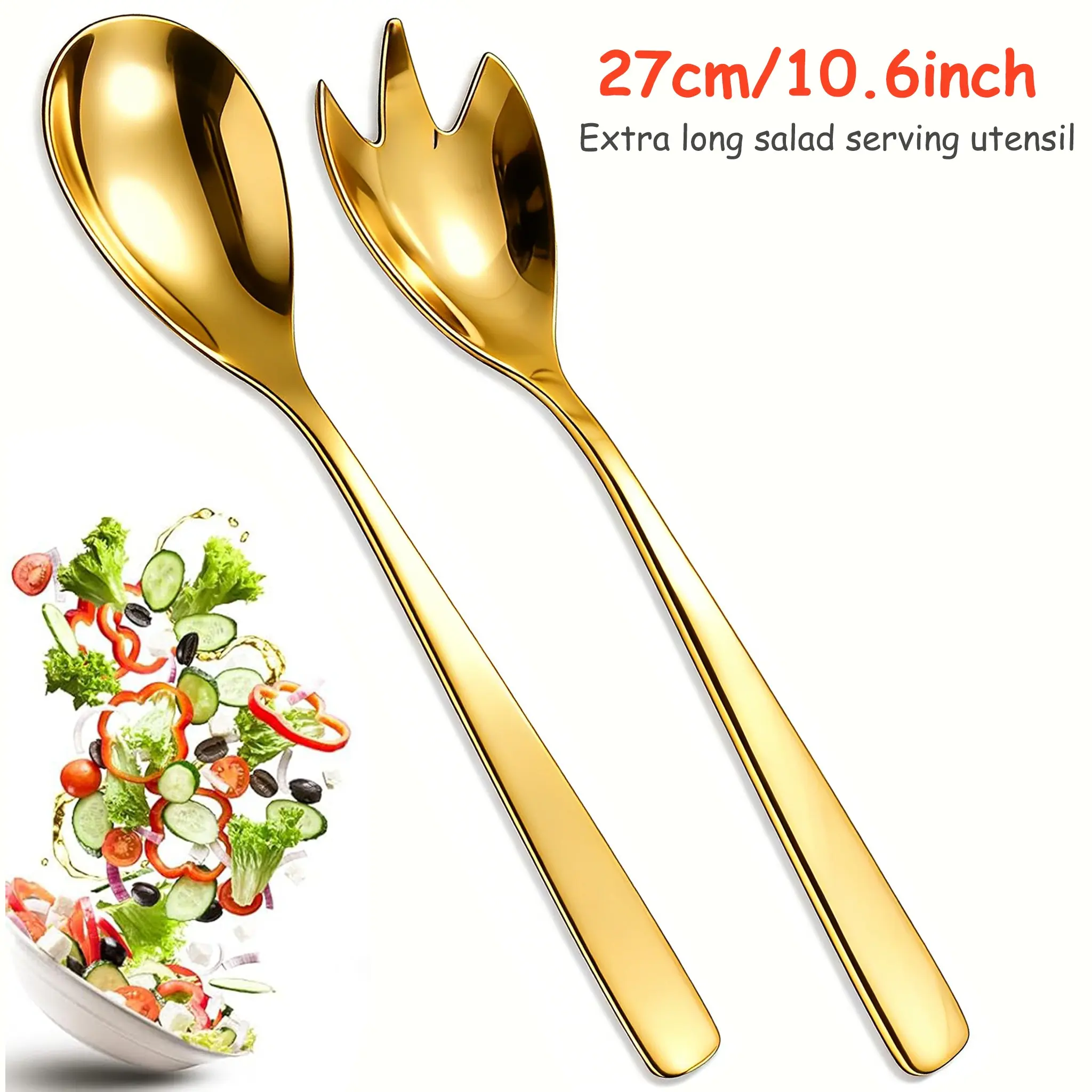 2/4 Pcs 27cm Square Handle Salad Serving Utensils, Durable Stainless Steel Salad Forks and Spoons, Dishwasher Safe, Party Supplies