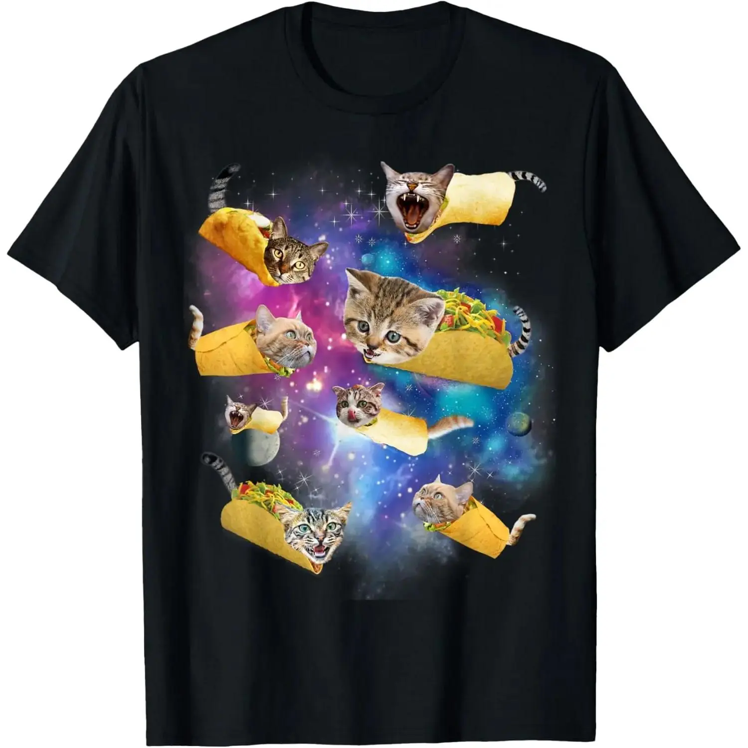 Women's Burrito Pizza Tacocat in Space Graphic Tshirt - Round Neck, Short Sleeves, Cotton-Poly, Fade Resistant Gift Idea T-Shirt, Space Theme