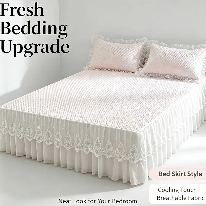 Cool Sensation Bedding Set, Textured Mattress Cover, Lace Trim Dust Ruffle, Breathable Skin-Friendly Sheets, Multiple Colors
