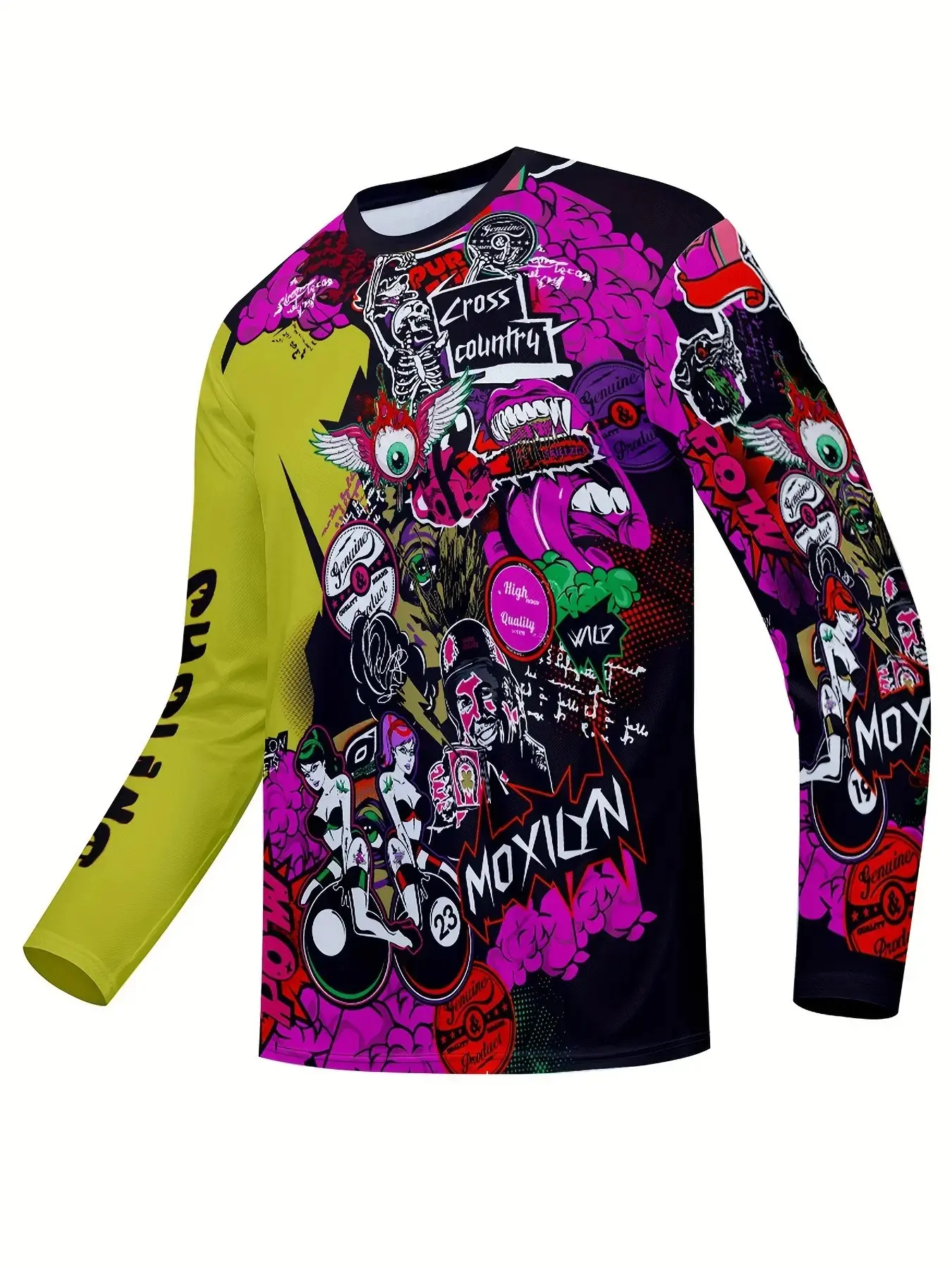 MTB Cycling Style Long Sleeve T-Shirt, American Punk Graffiti, Block, Skull Eye Monster, Quick-Dry Breathable, Streetwear
