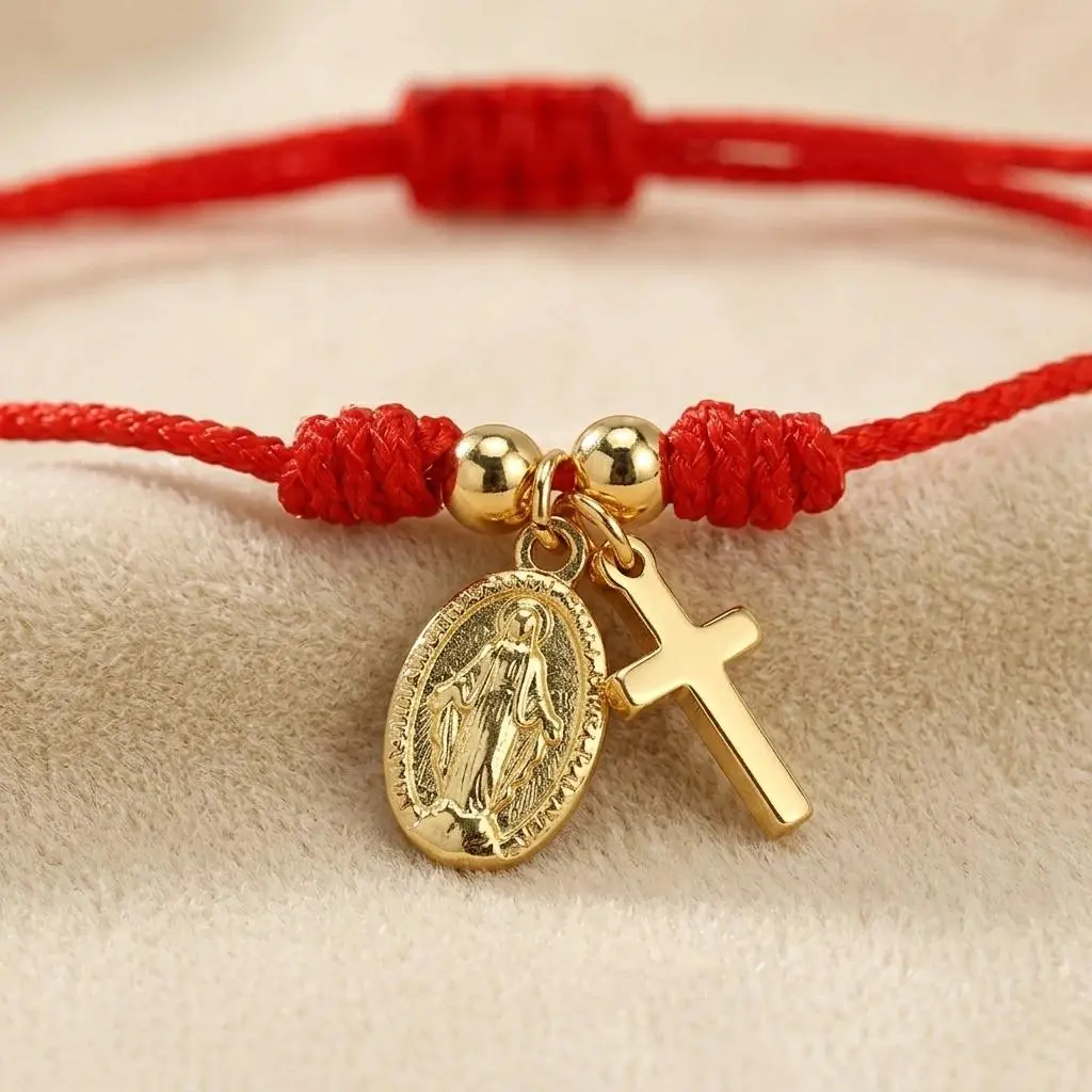 1/2 Pack Red Black Cotton Cord Bracelet with Gold Tone Cross Charm, Catholic Faith Protection Jewelry, Adjustable Sliding Knot Gifts for Men Women