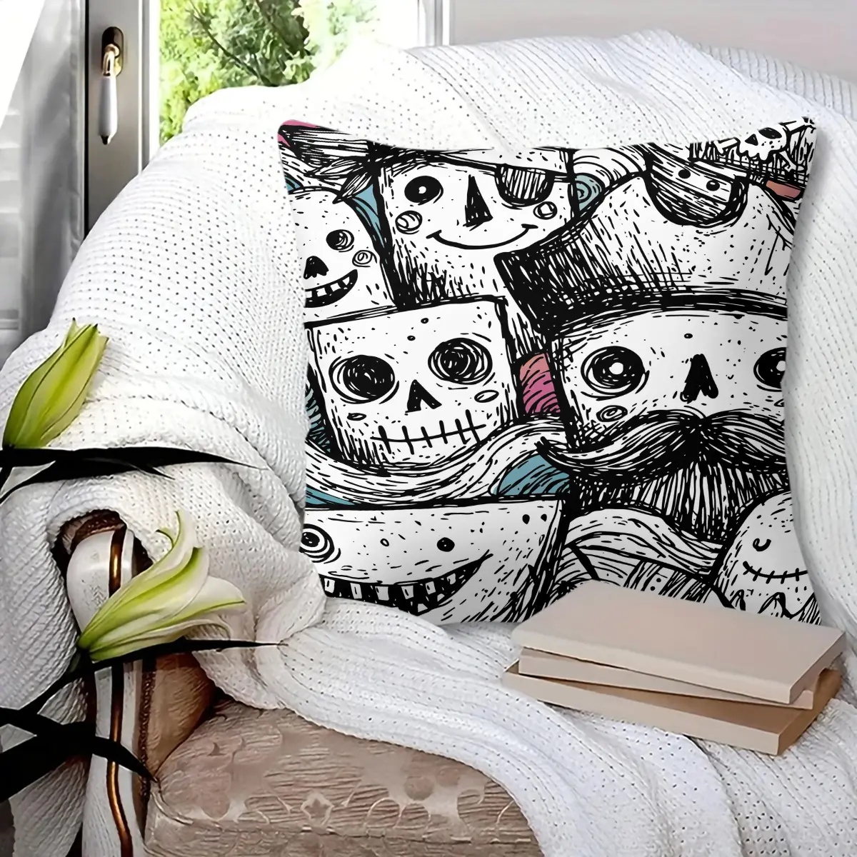 45x45cm 1Pc, Spooky Gothic Hand Drawn Skull Print Throw Pillow, Soft Fluffy Durable Cozy Cushion, Ideal for Sofa, Bed, Living Room, Bedroom Home Decor, Perfect Small Holiday Gift