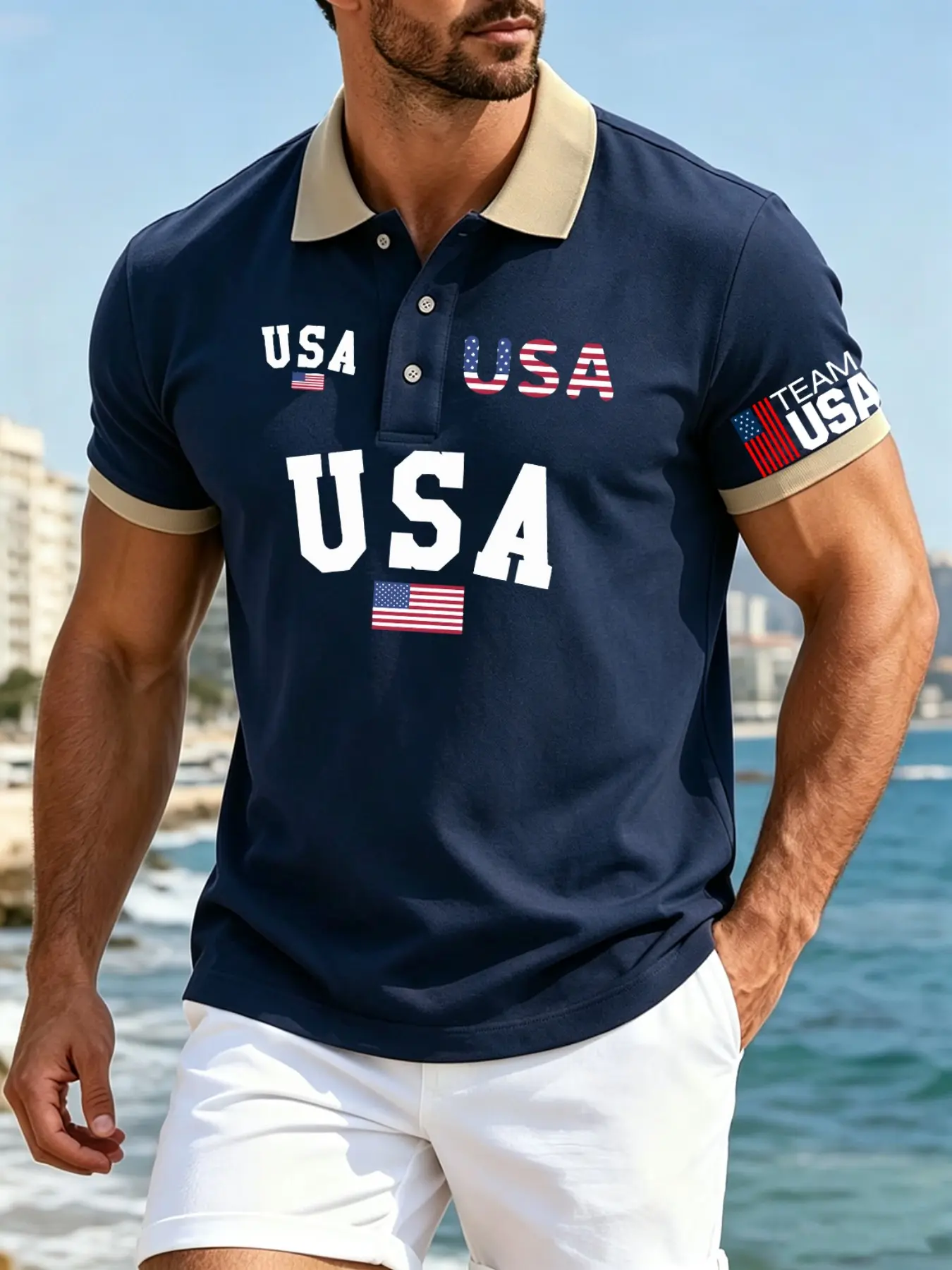 Men's Fashion Flag Letter Print Collared Polo Shirt, Casual Slim-Fit Short Sleeve Top, Summer Patriotic Comfortable Clothing