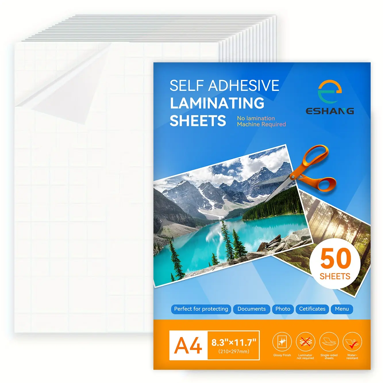 50 Sheets A4 Clear Glossy Self-Adhesive Laminating Sheets, Waterproof Photo Laminating, 8.3x11.7 Inch for Photos, Documents & Menu Protectors