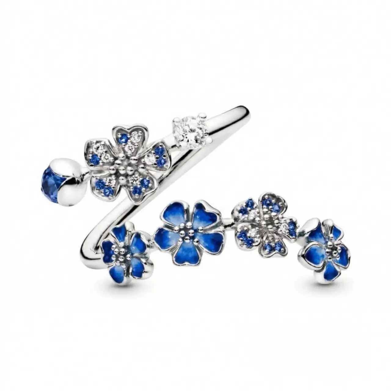 Women's High-End Light Luxury Open-Style Costume Jewelry Ring - Blue Bead-Inlaid Peach Blossom Flower Ring, Model C30022-JZ, Costume Jewelry Rings, Flower Rings tiktokshopbacktoschool