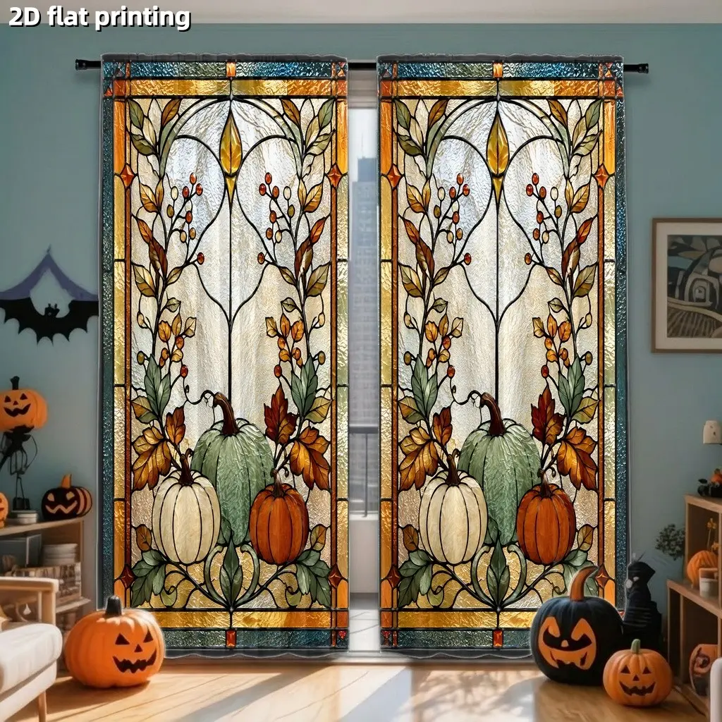 2Pcs Autumn Harvest Stained Glass Curtains, Thanksgiving Pumpkin Leaf Vine Design, Digital Printing, Light Filtering, Privacy Protection, Decorative for Living Room Bedroom Home Decor