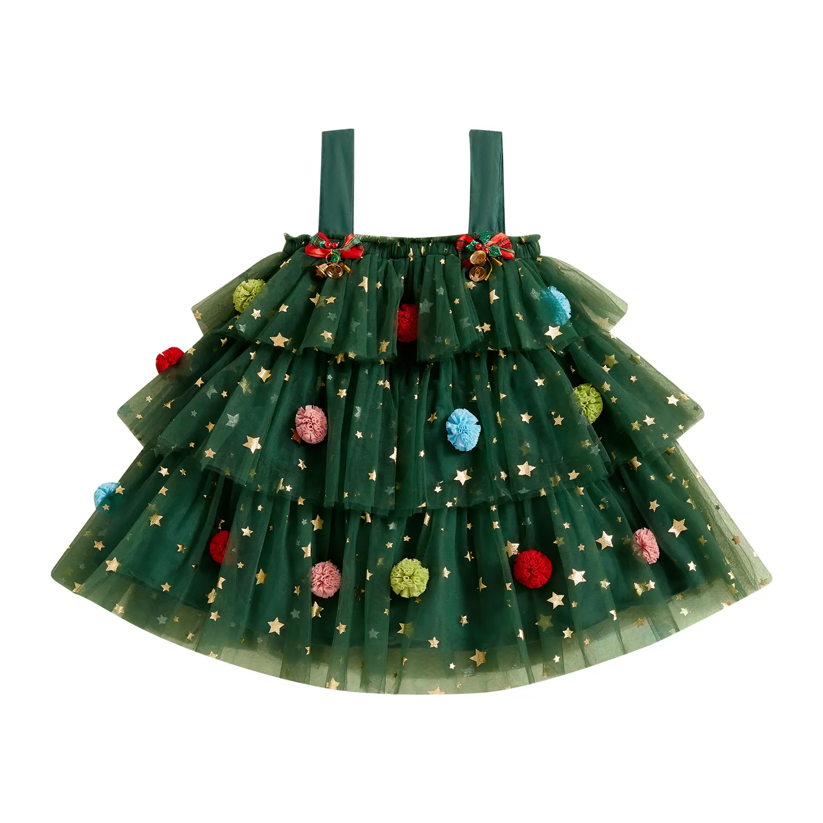 Toddler Baby Girl Christmas Tree Tutu Dress, Sleeveless Square Neck Layered Green Tulle Skirt with Gold Star Pom Poms, Little Girls Holiday Party Costume Xmas Outfit
