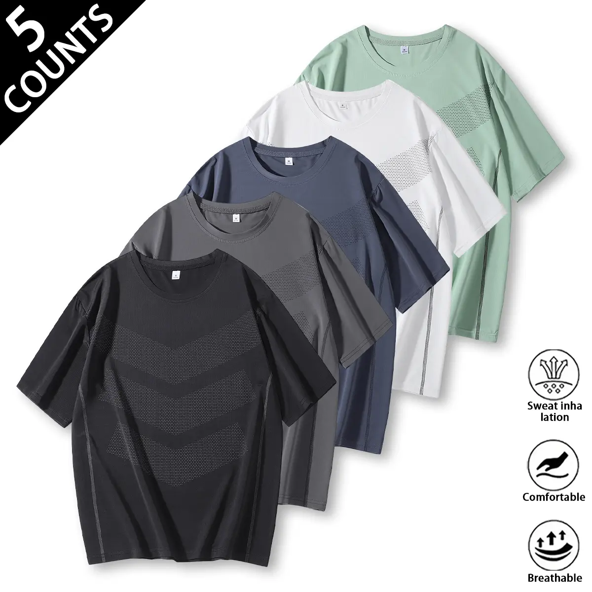 5 Counts Men Stacked Chevron Perforated Dot Print Loose Fit Quick Dry Short Sleeve T Shirts Breathable Wicking Crew Neck Outdoor Running Sports Tops