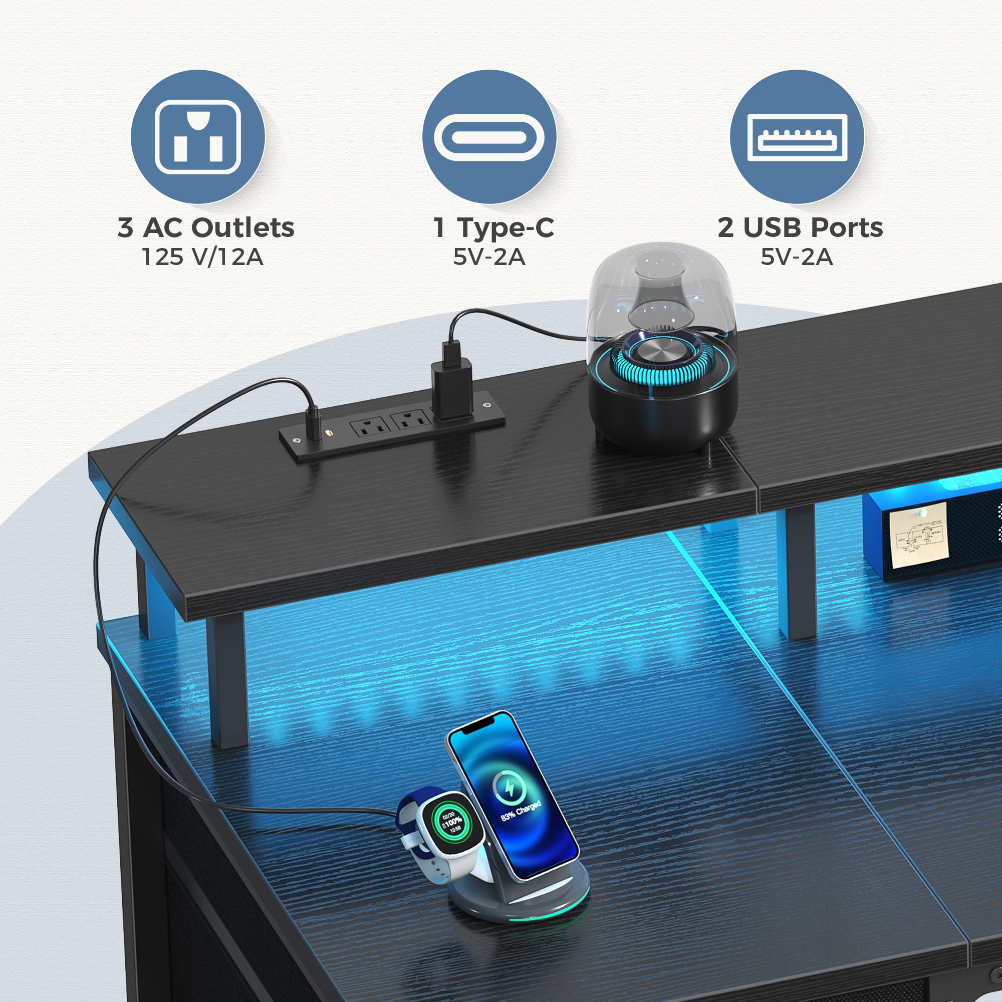 Gaming Desk with LED Lights USB Type C Charging Station, Computer Desk with 4 Drawers Monitor Stand Storage for Home Office