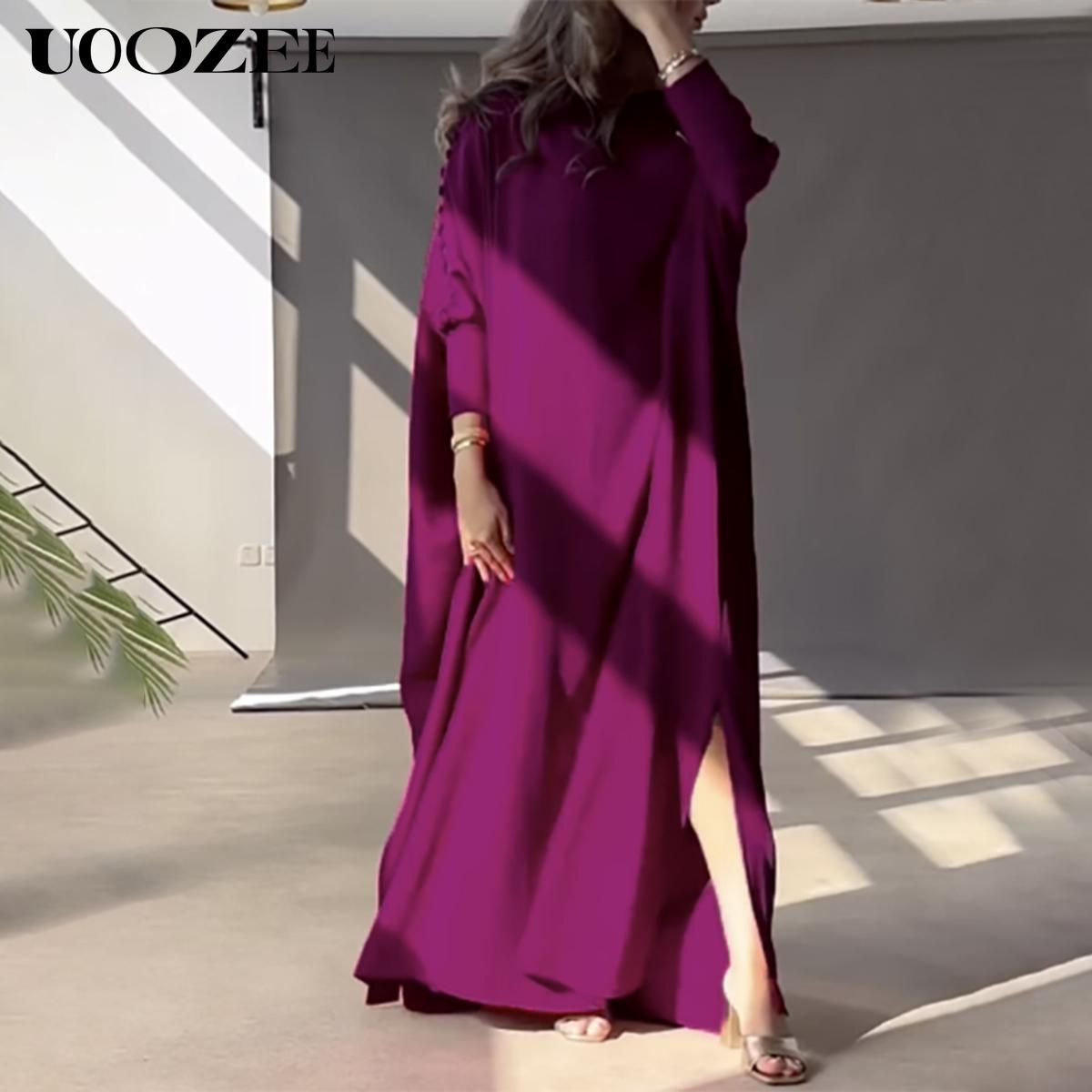 H-Line Loose Buttoned Solid Color Maxi Dresses Summer Long Sleeve