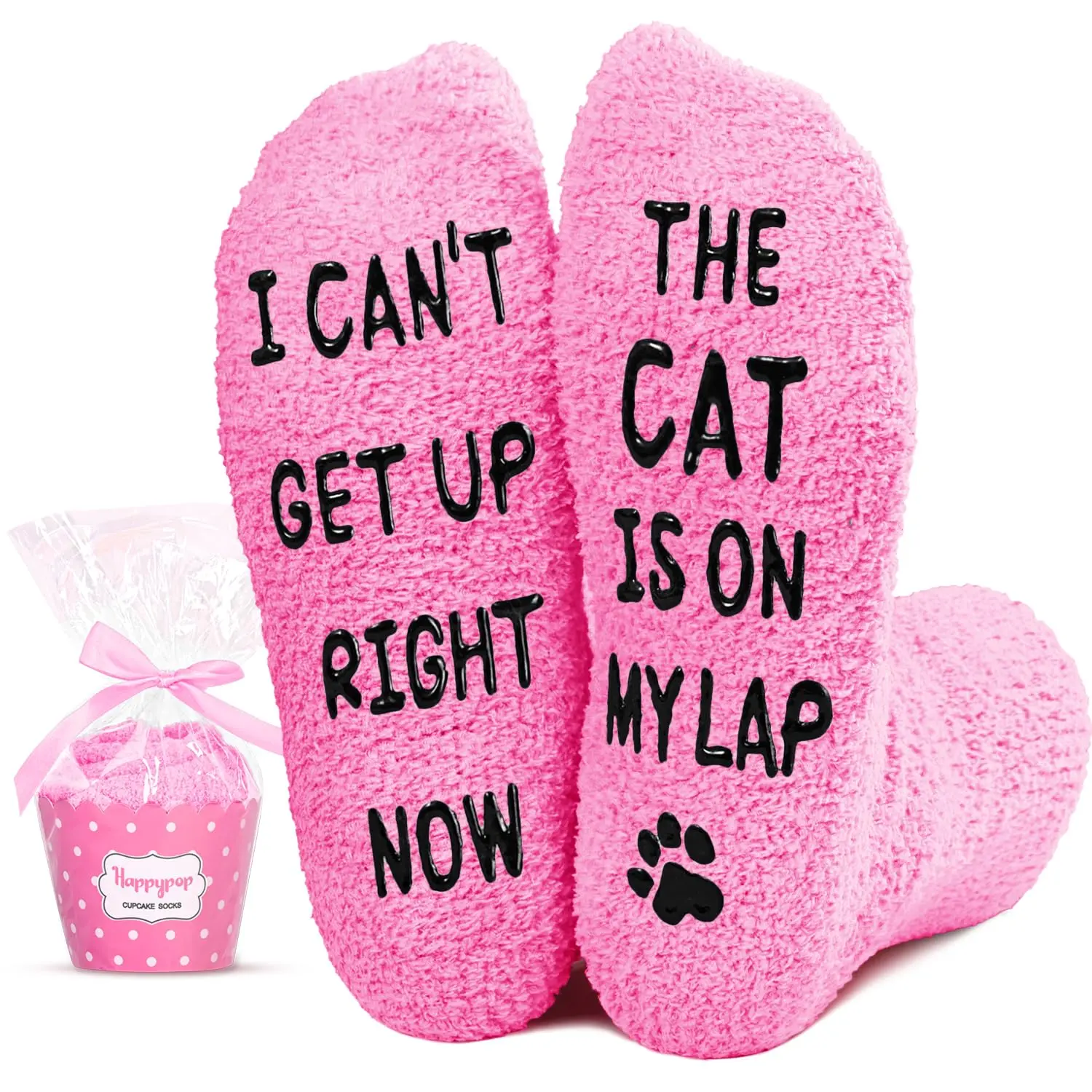 HAPPYPOP Funny Cat Lover Gifts for Women Mom, Novelty Socks Crazy Silly Fun Pink Fuzzy Socks Gifts for Her