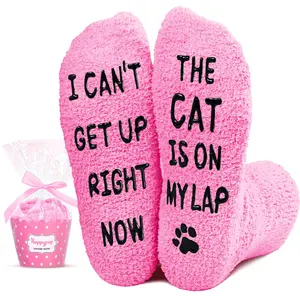 HAPPYPOP Funny Cat Lover Gifts for Women Mom, Novelty Socks Crazy Silly Fun Pink Fuzzy Socks Gifts for Her