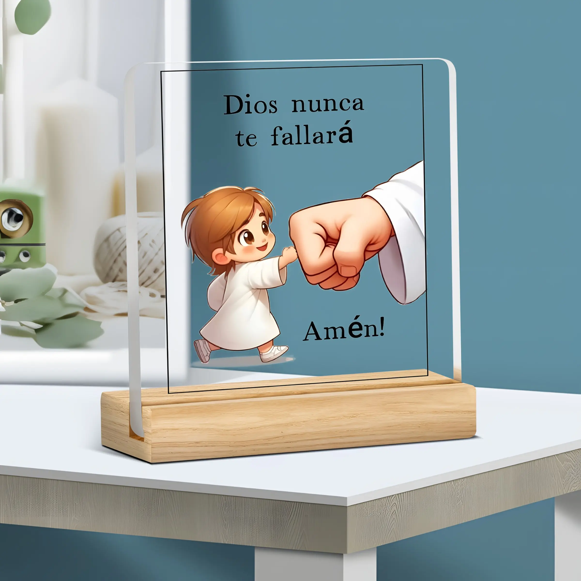 Spanish Christian Quote Acrylic Desk Decor, Inspirational Religious Desktop Sign, Ideal Faith Theme Gift, Home Shelf Decoration, Wooden Base Included