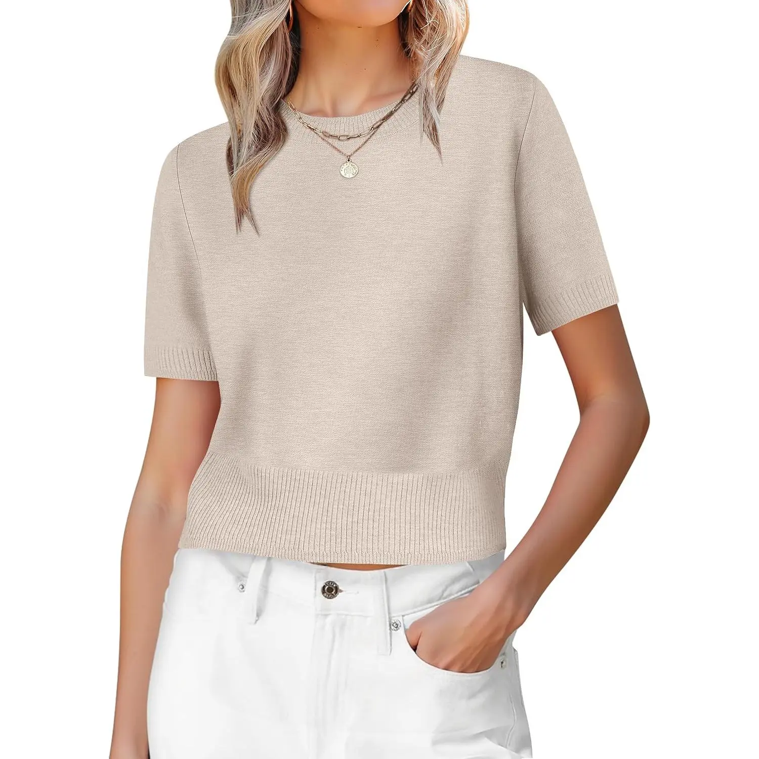 Womens Short Sleeve Sweaters Cropped Crew Neck Business Casual Lightweight Sweater Tops 2026 Spring Summer Outfits(Gift)