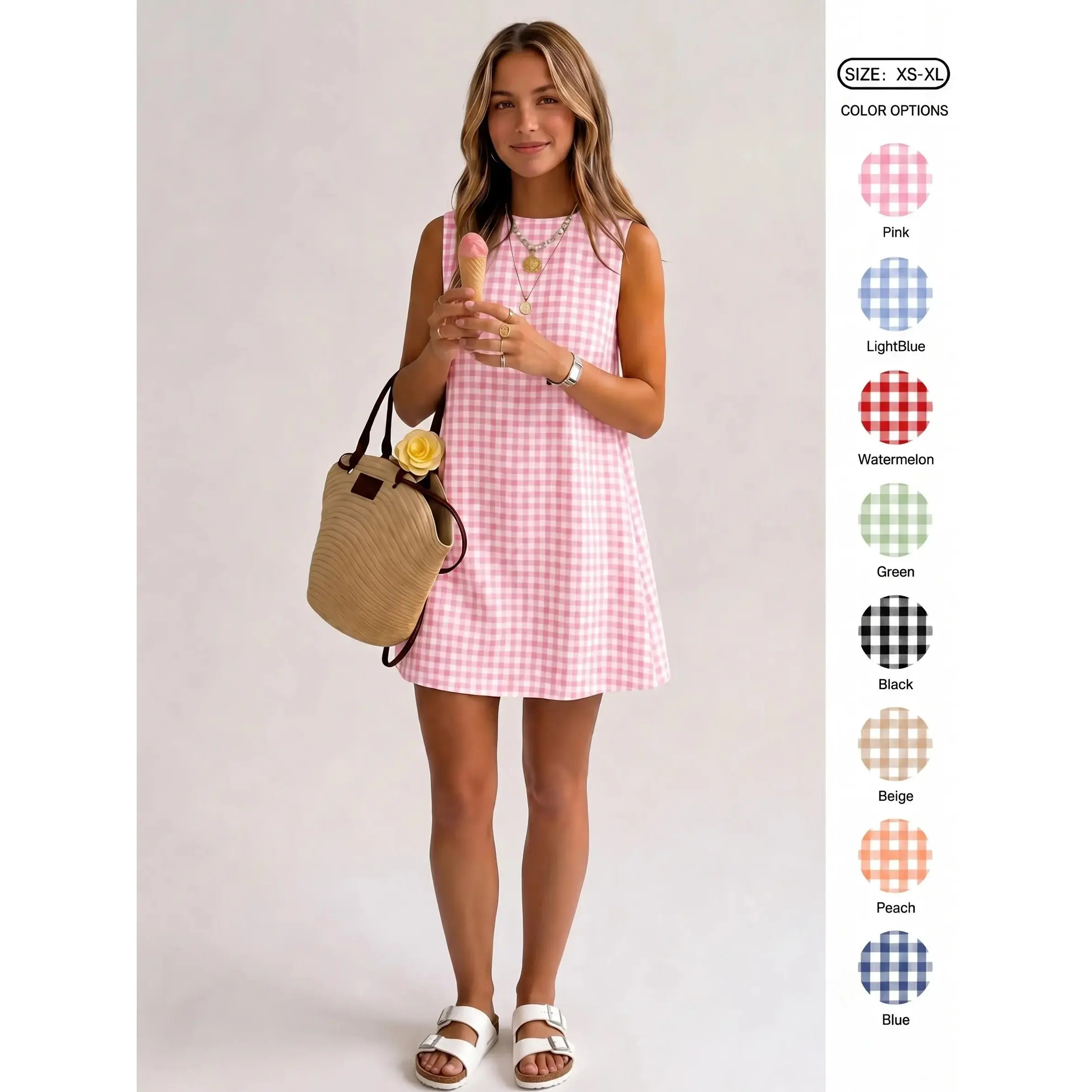 Women's Vintage Gingham Sundress, Cute 100% Cotton Casual Dress with Spaghetti Straps and Button Front for Spring Summer Vacation, 100% Cotton Gingham Casual Dresses, Retro Cute