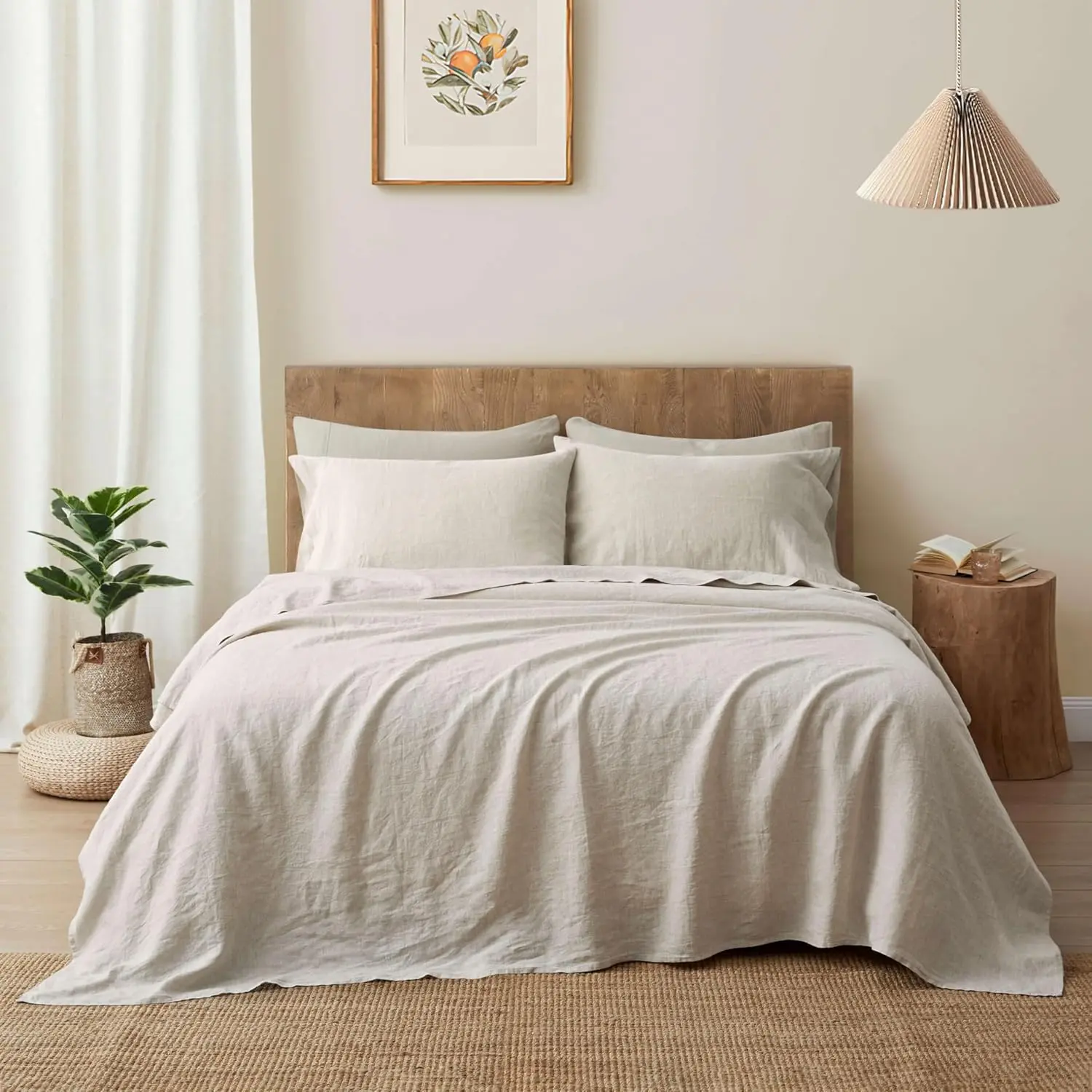 Pure Flax Linen Bedding Set - Stone Washed  Linen Fabric Deep Pocket Fitted Sheet  Flat Sheet 2 Pillowcases (, )