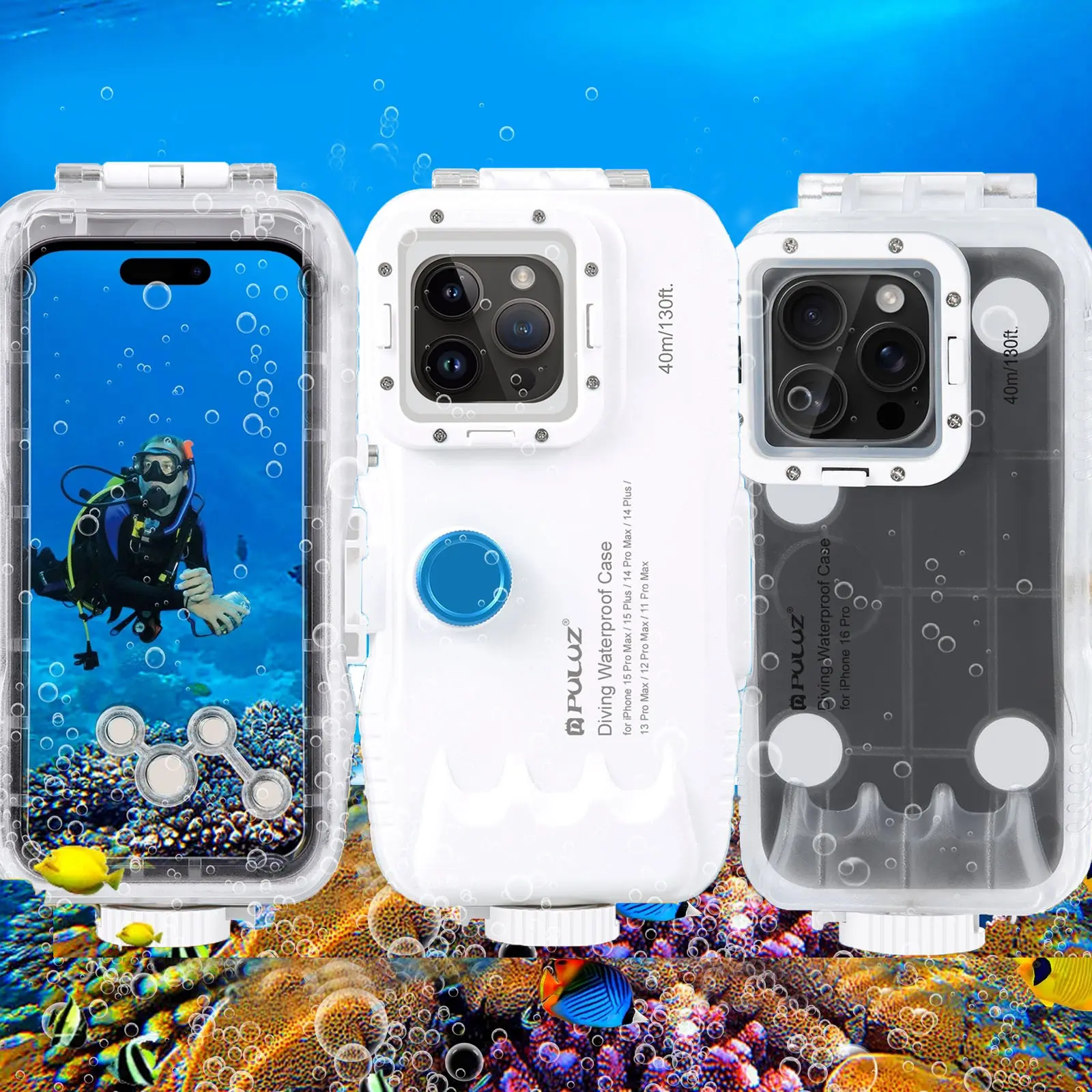 PULUZ 40m/130ft Waterproof Diving Casing for iPhone 16/15/14/13/12/11 Pro Max Plus - Smartphone Protection Accessory for Underwater Photo & Video Taking, Compatible with iPhone Series Devices
