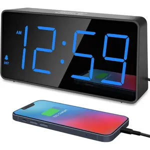 Digital  Clock for Bedroom Bedside, Loud  Clock for Heavy Sleepers, Large Big LED Numbers for Seniors,  Backup Plug in Electric Clock with USB Charger (Blue)