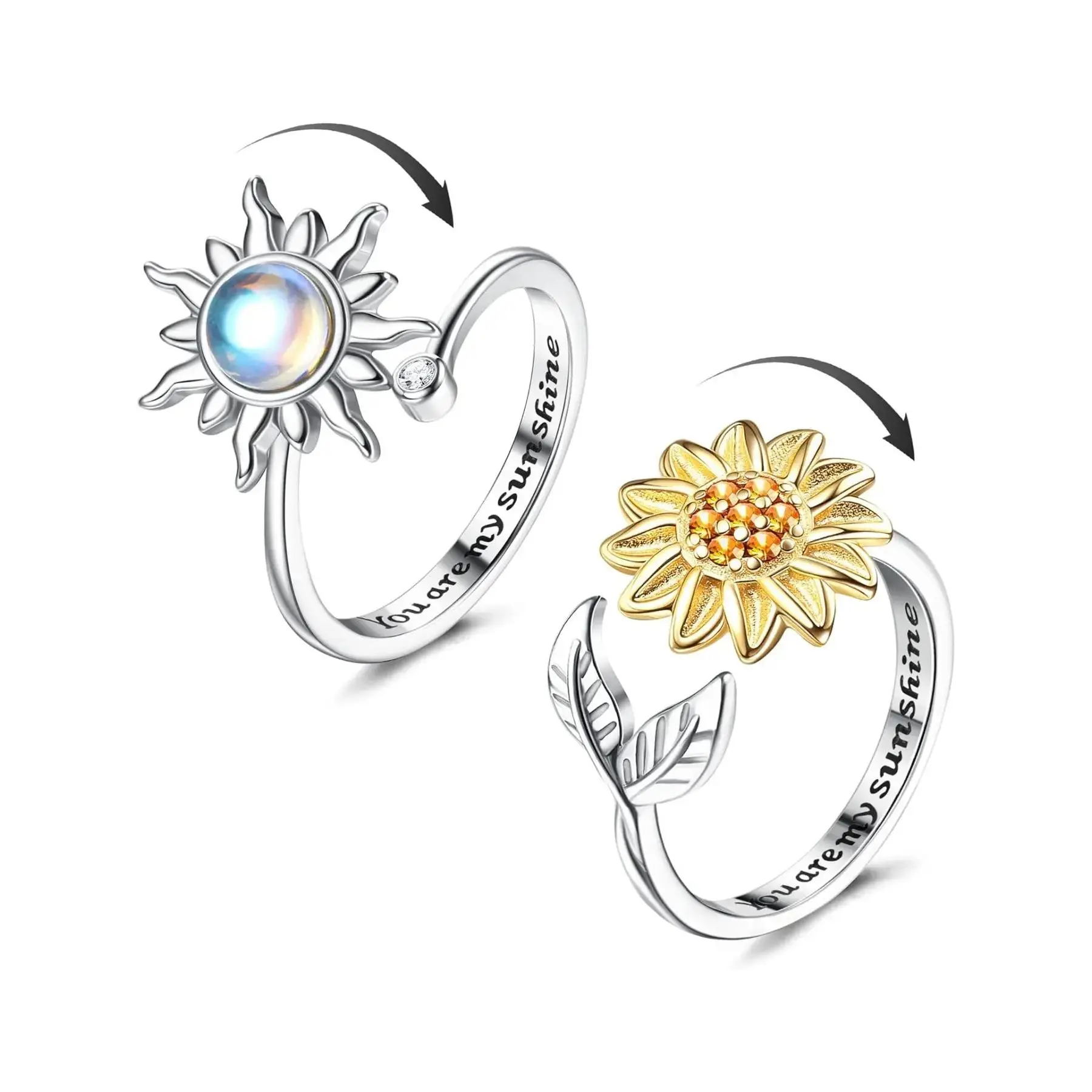 2Pcs Silver Anxiety Rings for Women Sunflower Fidget Ring Statement Multi Ring You are My Sunshine Anxiety Ring Moonstone Anti Stress Ring Adjustable Open Spinner Rings for Anxiety Women Stackable Finger Rings Stress Relief Ring Stress Relief Jewelry