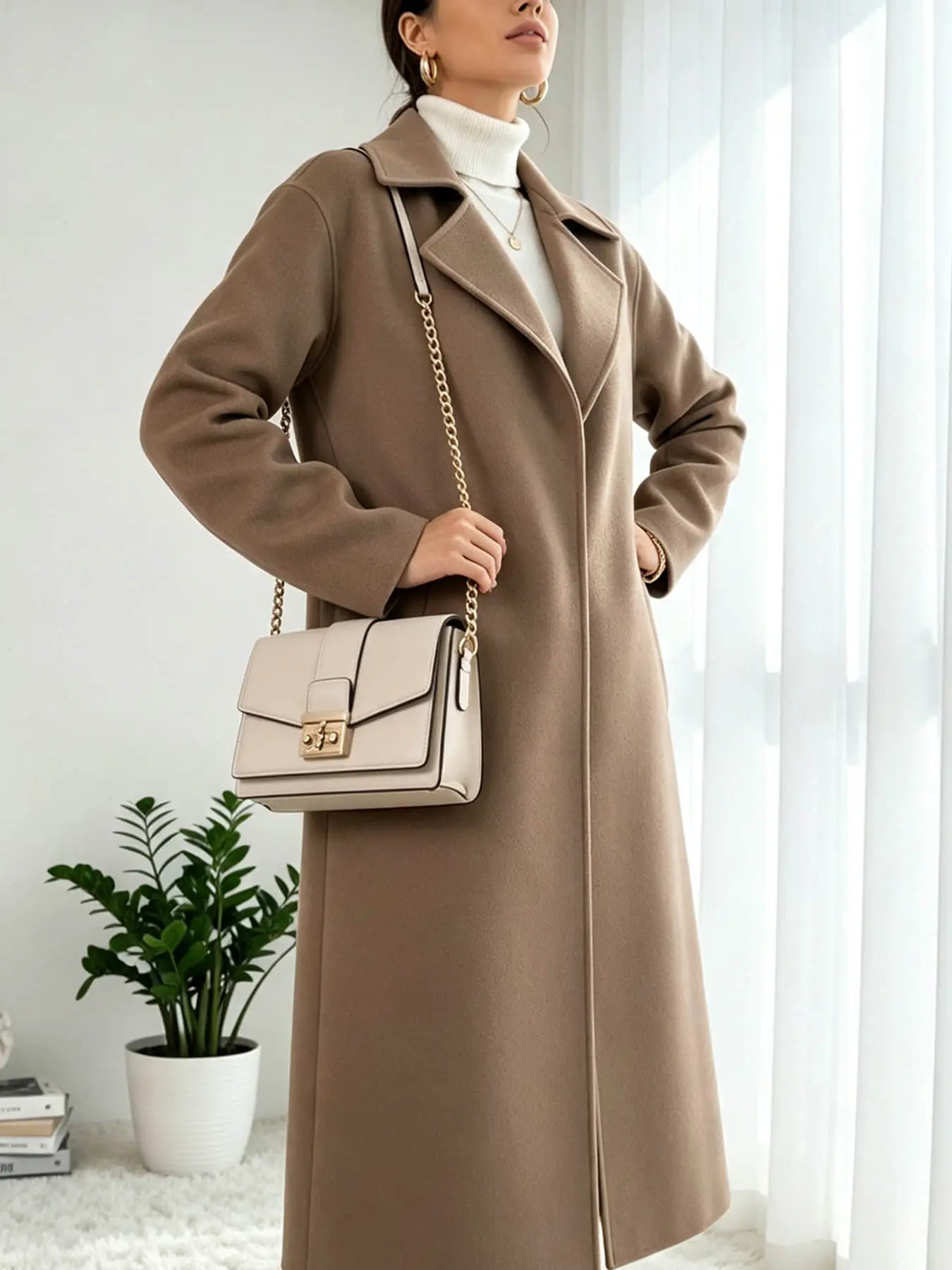 A simple and fashionable coat with a feminine fashion temperament, long and loose hanging style, suitable for autumn and winter, suitable for commuting, daily shopping, indoor and outdoor dressing