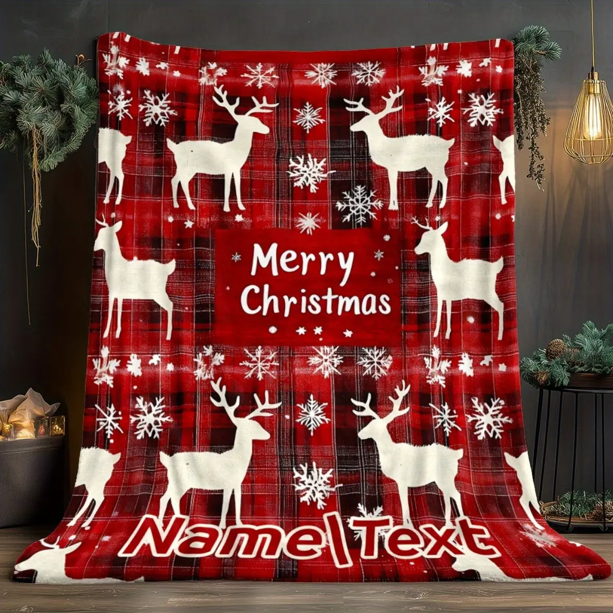 Personalized Christmas Reindeer Snowflake Throw Blanket with Name, Custom Cozy Fleece Blanket for Bed, Sofa, Couch & Office Decor