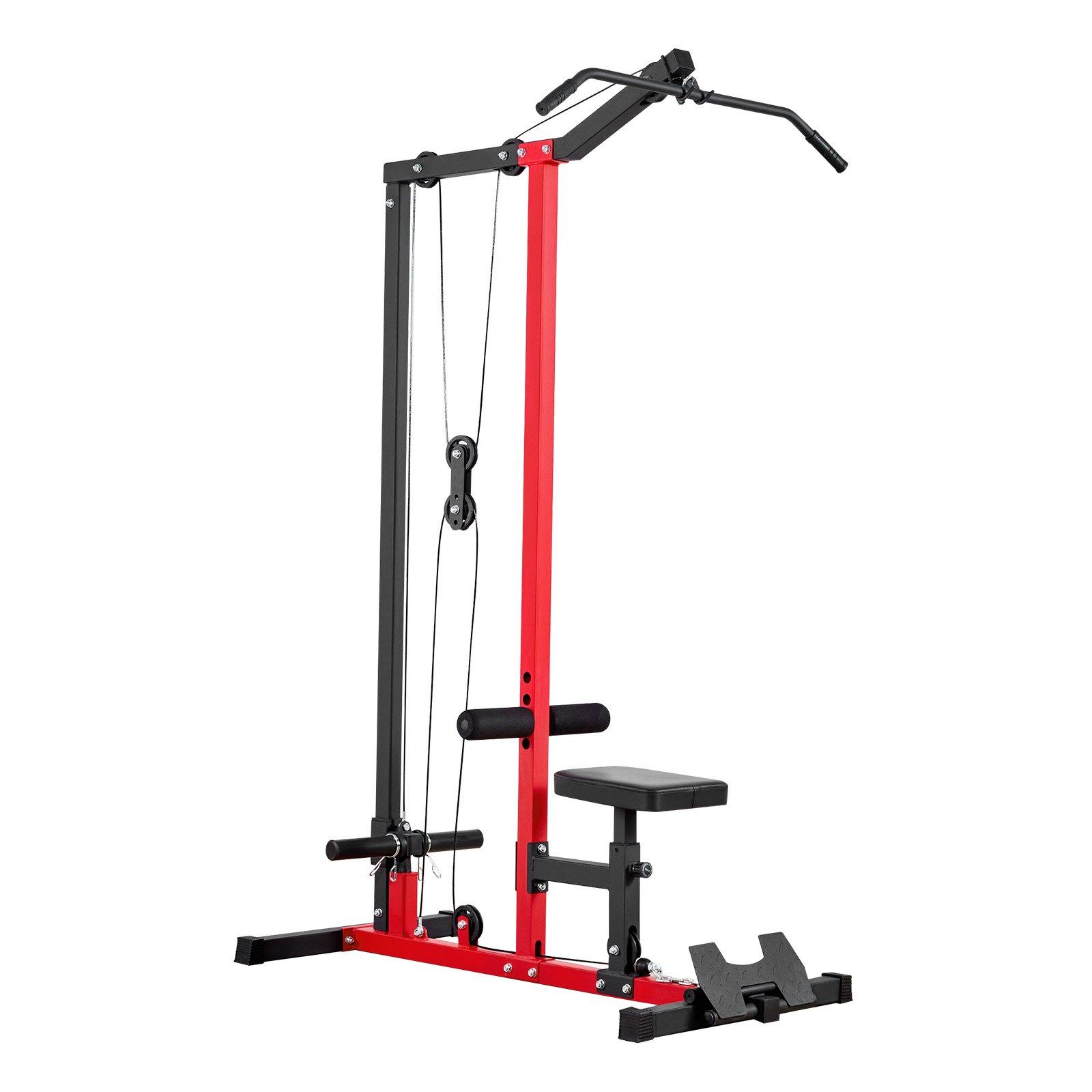 VEVOR 2-in-1 Carbon Steel LAT Pull Down & Row Cable Machine, Home Gym Hand Tool Kit with 3-Level Adjustable Seat, 4-Level Adjustable Foam Roller, 500lb Load Lat Tower for Back Workouts, Black Red