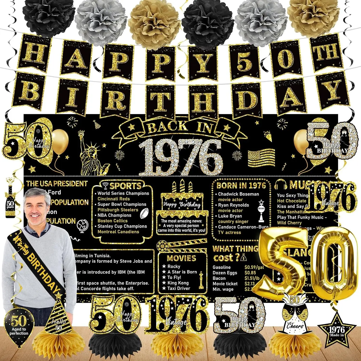 50th Birthday Decorations for Men and Women, 1976 Birthday Party Supplies | 21pcs Black Gold 50th Birthday Banner Balloon, Backdrop, Honeycomb Centerpieces, Hanging Swirl, Sash, Photo Booth PropsGift