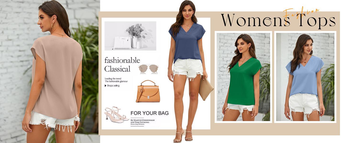 Danedvi Women's V Neck Chiffon Blouses Cap Sleeve Shirts Casual Loose Work Office Solid Tops Chic Polyester SpringStatements