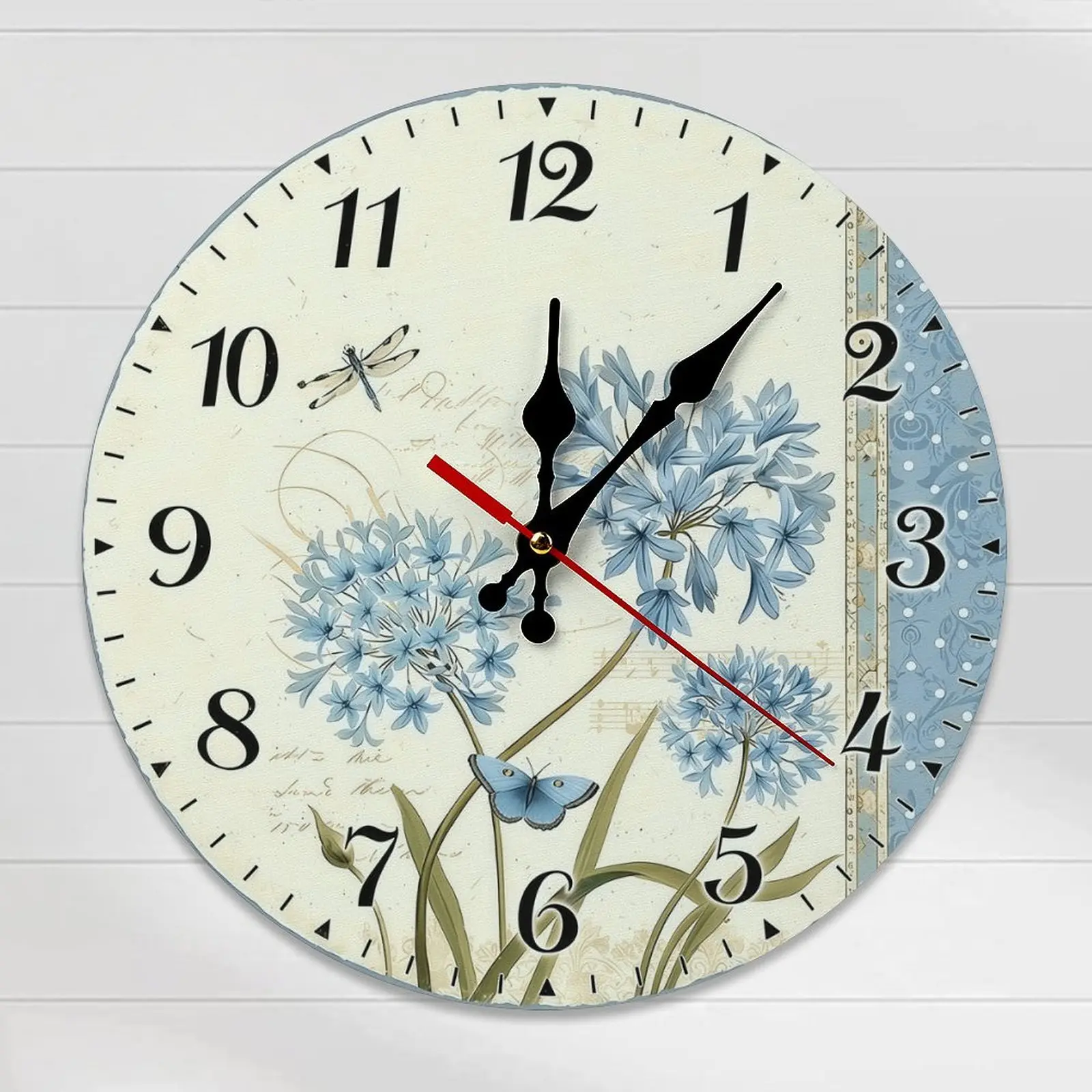 Vintage Blue Agapanthus Dragonfly Analog Wall Clock - 10-12 in Round Wood, 2 Size Options, Easy Assembly, Shabby Chic Floral Home Supplies, Room Decor, Reading Nook Accent