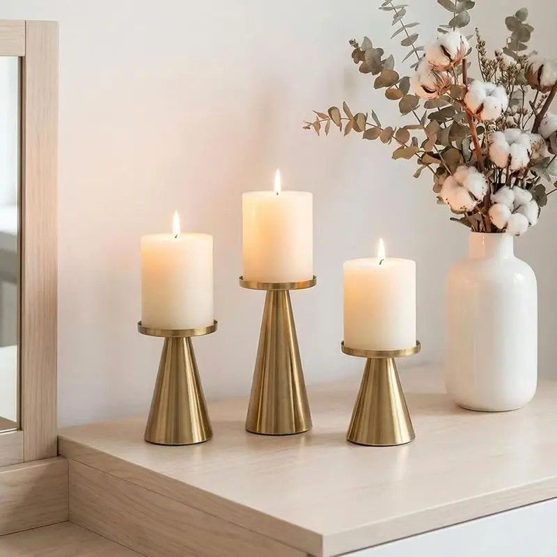 3-Piece Luxury Conical Metal Candle Holder Set, Elegant Design, Durable Structure, Table Decor, Wedding, Holiday Home Decoration