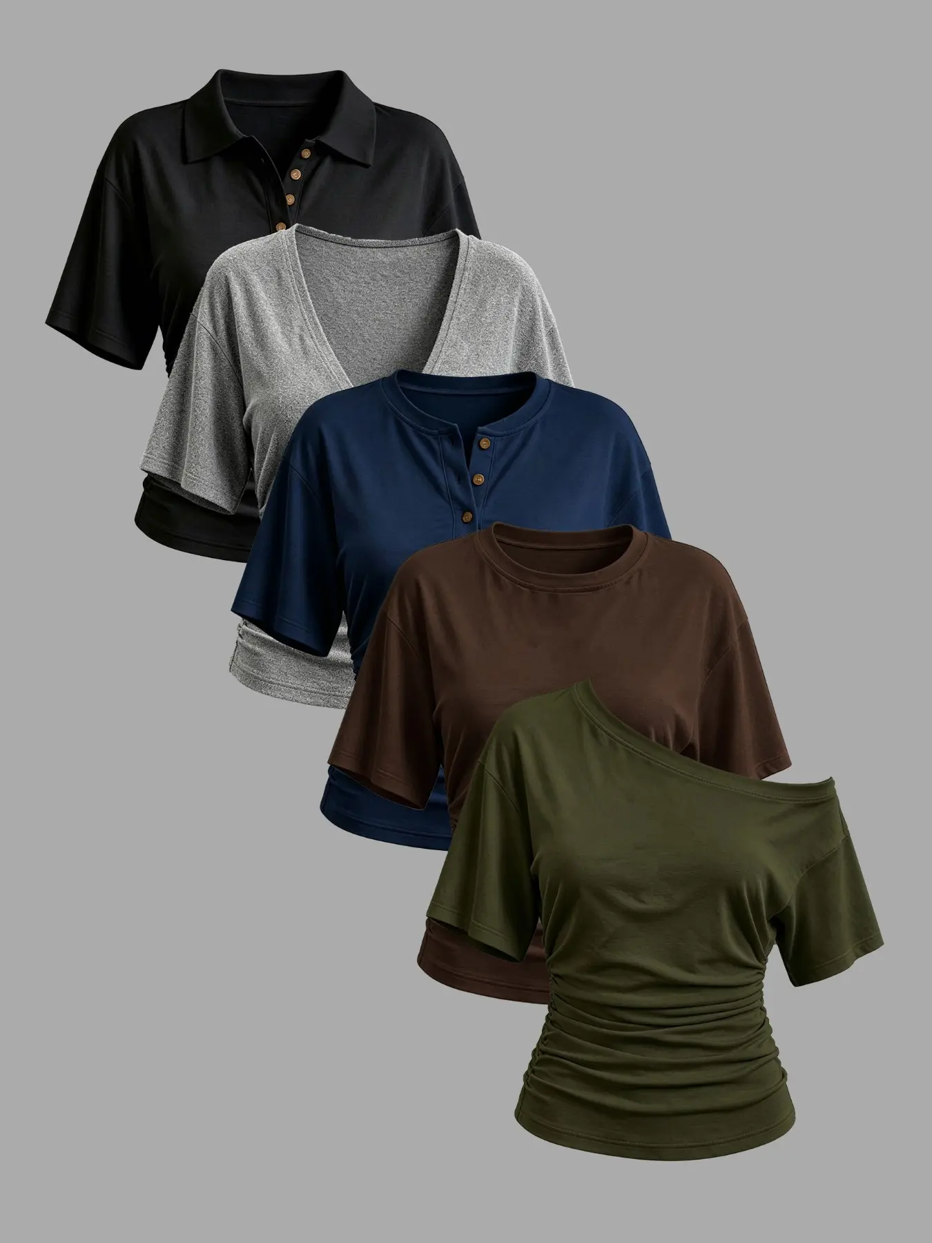 Women's 5-Pack Basic T-Shirt Set, Spring Summer Slim Fit Short Sleeve Tops, Round Neck, Off-Shoulder, Henley, Deep V-Neck, Polo, Everyday Casual Daily Wear, Casual Everyday Tee