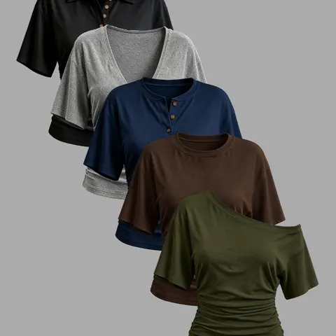 Women's 5-Pack Basic T-Shirt Set, Spring Summer Slim Fit Short Sleeve Tops, Round Neck, Off-Shoulder, Henley, Deep V-Neck, Polo, Everyday Casual Daily Wear, Casual Basic Tees