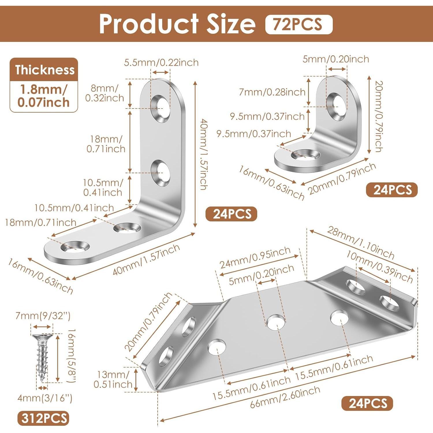 72 count Corner Bracket Set, 48 count L Brackets (Small + Medium) 24 count Triangular Support Brackets with Screws Multi Use Predrilled Hole Metal Bracket Corner Brace for Drawers Cabinets Tables and Chairs