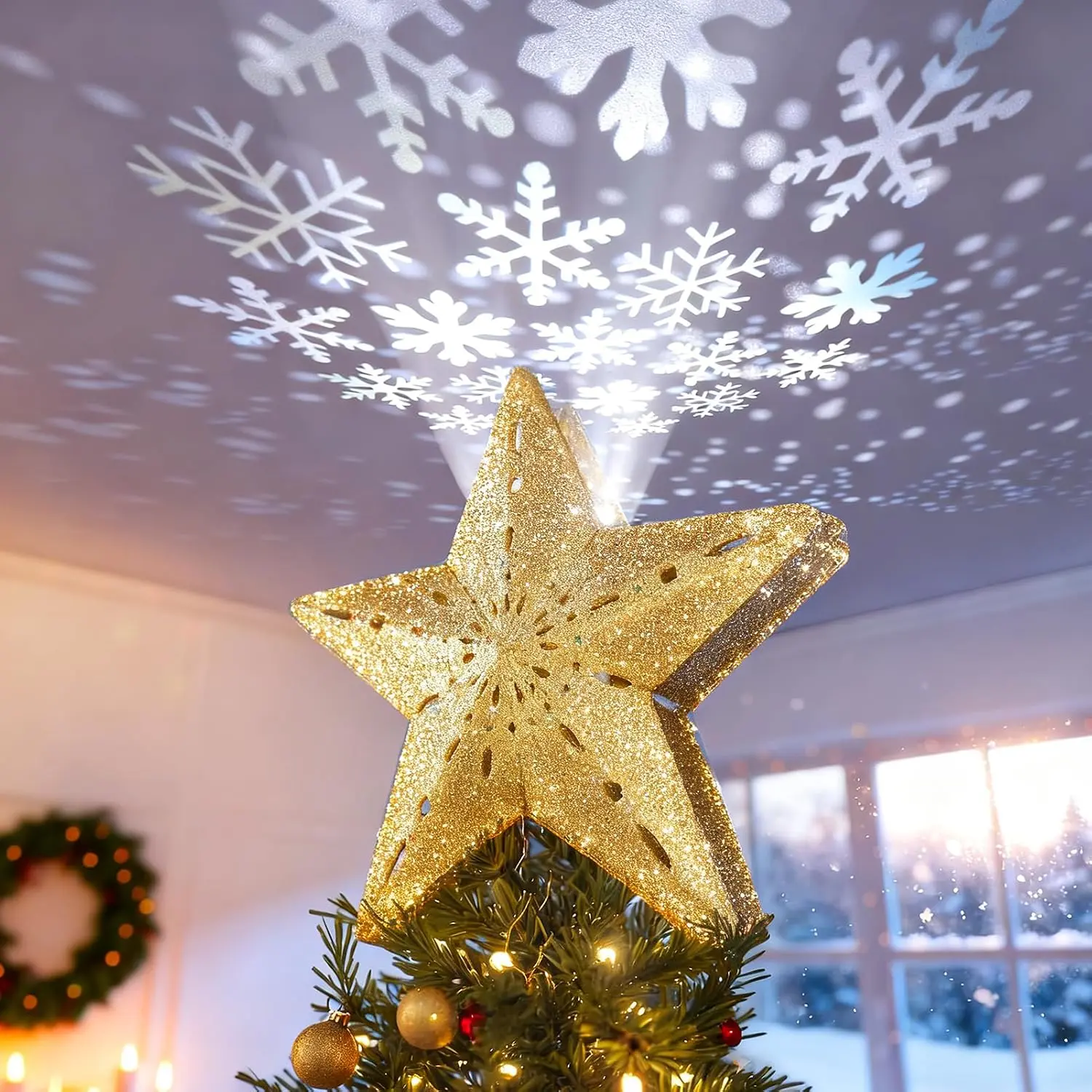 Christmas Tree Topper Lighted  [], Hollow Sparkling  Christmas Tree Topper with Rotating Magic Cool White Snowflake Projector for Christmas Tree Ornament ()
