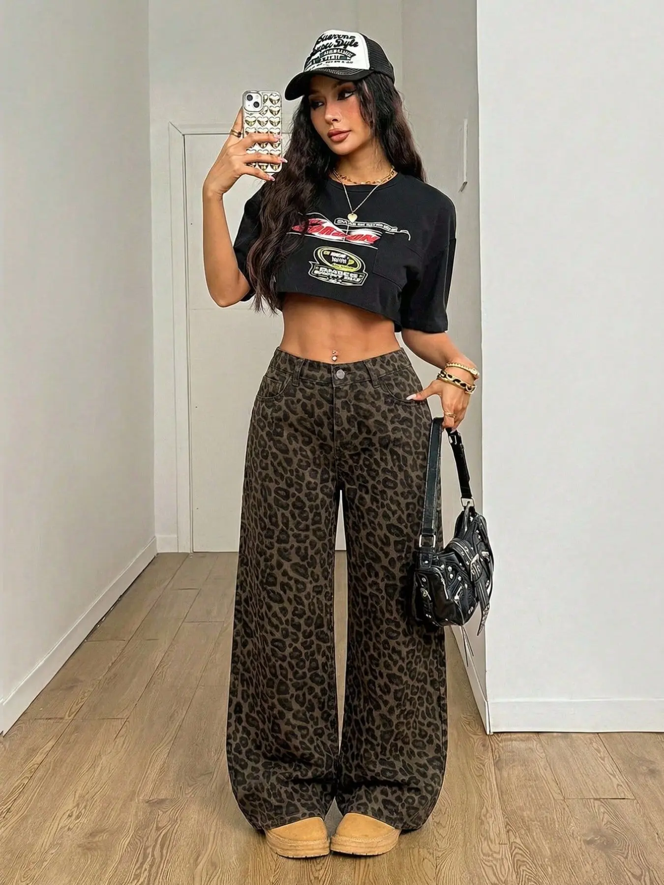 Vintage Leopard Print Wide Leg Baggy Jeans, High Waist Loose Fit, Y2K Street Style, Casual Long Pants, Trendy Fashion for Women