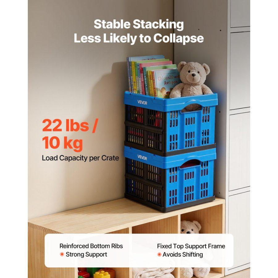 VEVOR Plastic Collapsible Storage Bins, 25L 3 Packs, Stackable Folding Storage Crates with Handles, Holds 22 lbs Per Bin, Foldable Heavy Duty Containers, Space-Saving Baskets, for Home Organizing