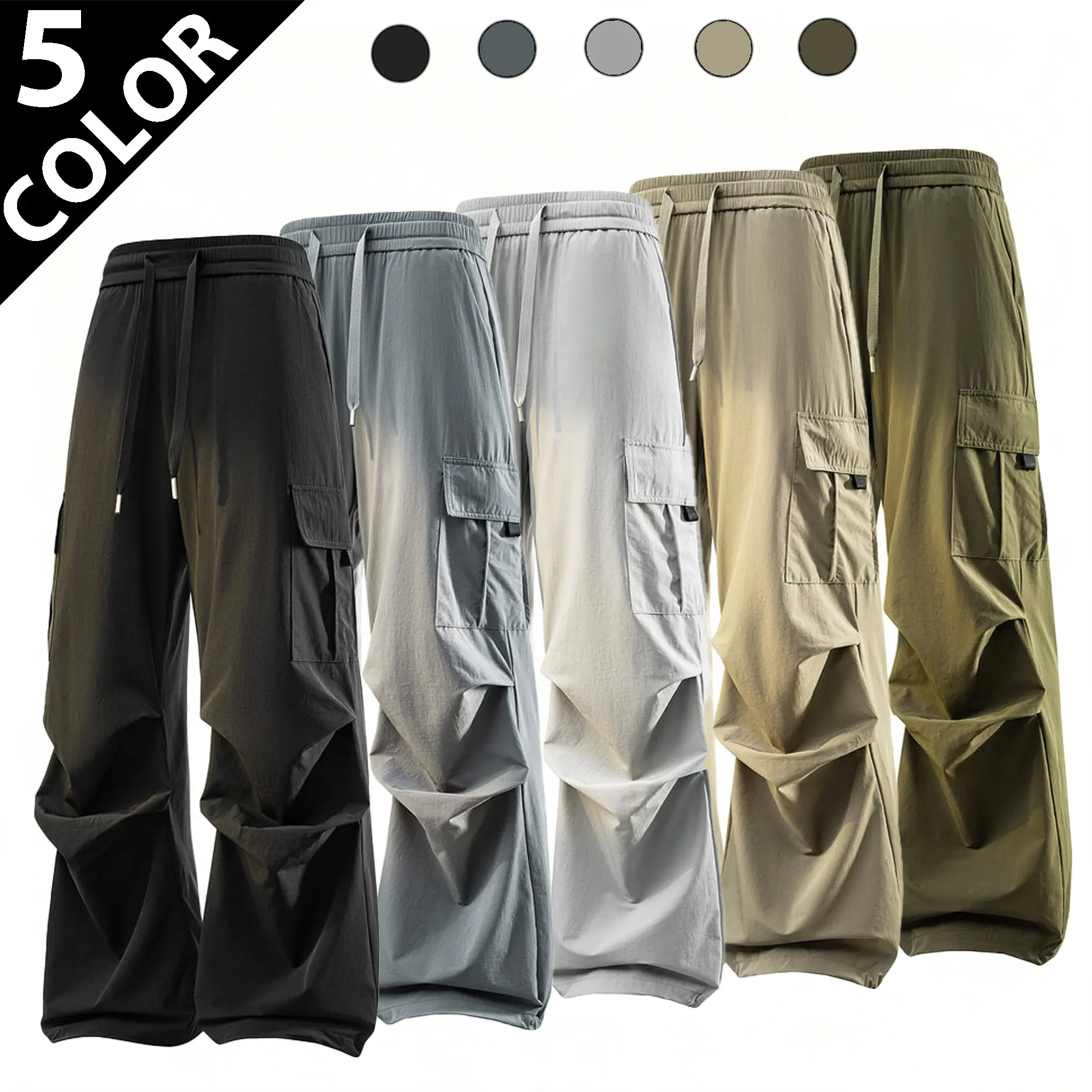 Men's Military Green Ice Silk Polyester Cargo Pants - 2026 Stylish Water-Resistant Plain Tapered Cut Parachute Joggers, All Seasons Plus Size Menswear for Outdoor Hiking & Daily Street Wear