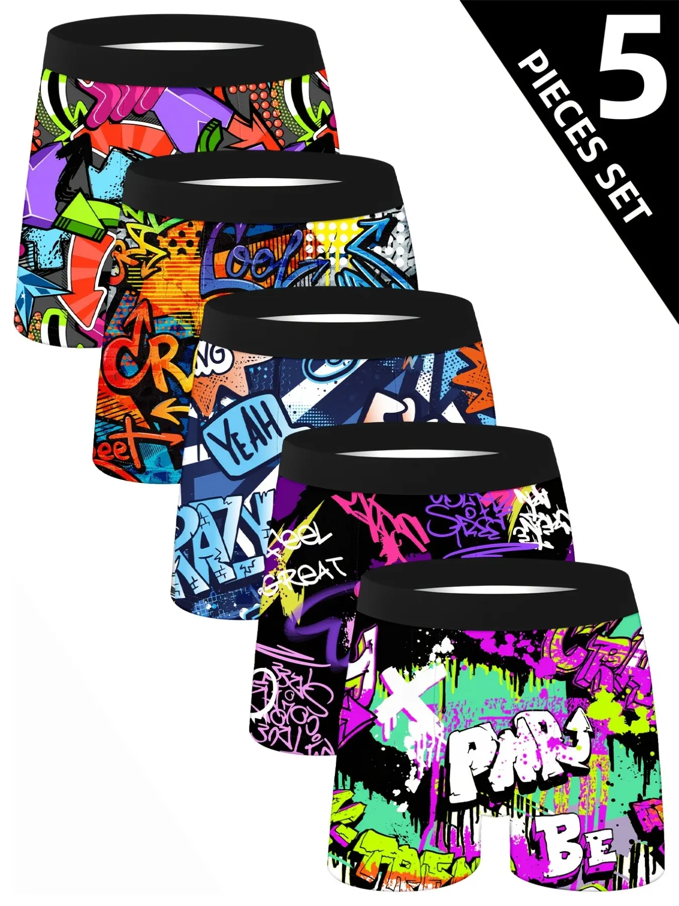 5-Pack Men's Long Boxer Briefs, Fashionable Breathable Trunks, Youth Fitted Underwear, Tropical Pattern, Casual Comfort