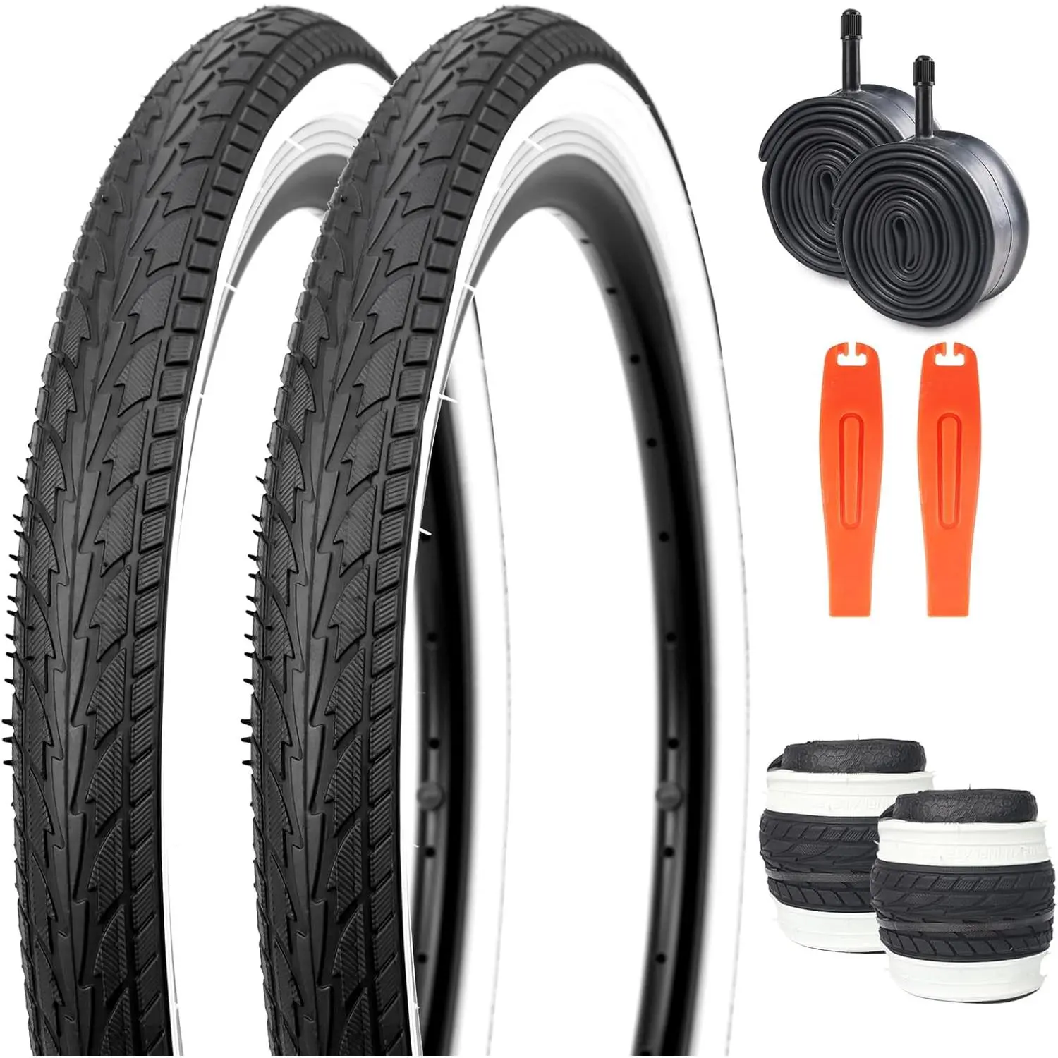 20/24/26 x 1.75 Inch Bike One/Two Pack Bicycle White Wall Side Black Tires Folding Bead Tires with/Without Inner Tubes Compatible with 20"/ 24"/ 26" City Bike, Lady Bicycle, Cruiser Bikes, Tricycles