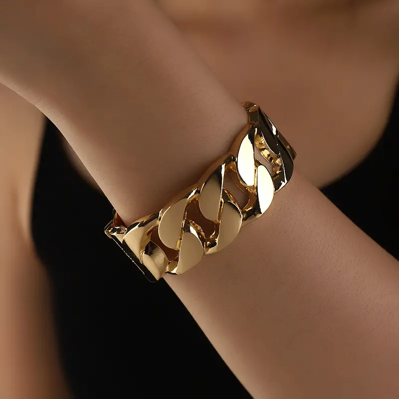 Female Elegant Chunky Cuban Link Bangle - Gold-Plated Alloy Cuff, Oversized Thick High-Fashion Statement Jewelry for Daily Fashion, Cuban Link Bracelets & Bangles, High-Fashion Bracelets & Bangles