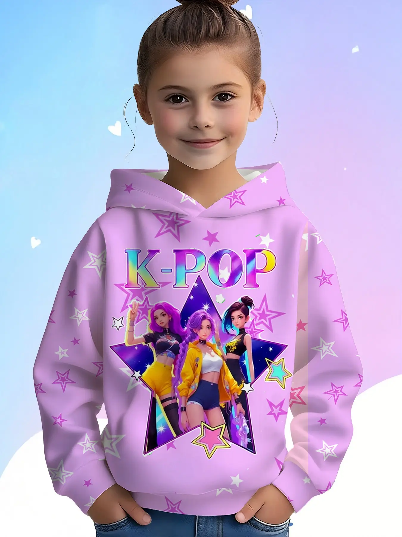 Girls Kpop Anime Girl Star Graphic Hoodie, 3D Full-Print Hooded Sweatshirt, Casual Loose-Fit Fall & Winter Fashion for Kids