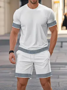 Men's 2-Piece Set Short Sleeve and Shorts, Summer Fashion Round Neck, Digital Print Geometric Pattern, Street Style, Casual Wear, Fitness