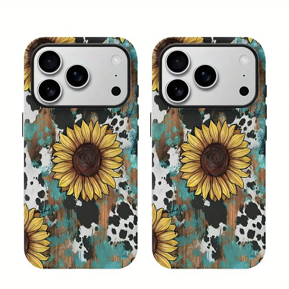 Cow-print and sunflower-patterned 2-in-1 phone case featuring a durable, shock-absorbing, and glossy finish; compatible with iPhone (17 through X series), Samsung, and other models-an ideal holiday gift for friends or family.