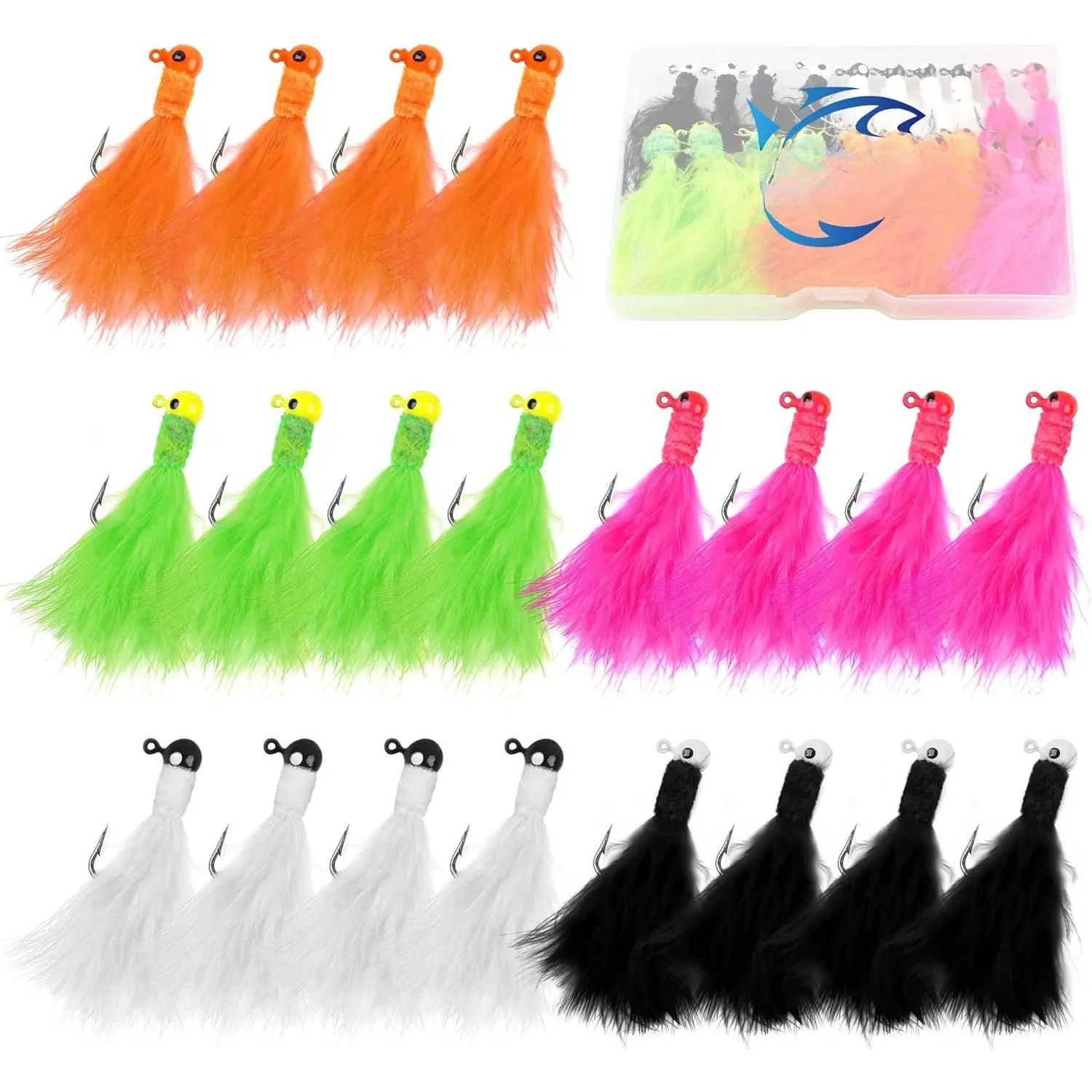Crappie Jigs Marabou  Hair Jigs, 20 count Marabou Jigs 1/8 1/16 1/32 oz Crappie Jig Heads with  Tail Crappie Baits Lures Kit for Panfish Walleye Trout Freshwater Saltwater Fishing