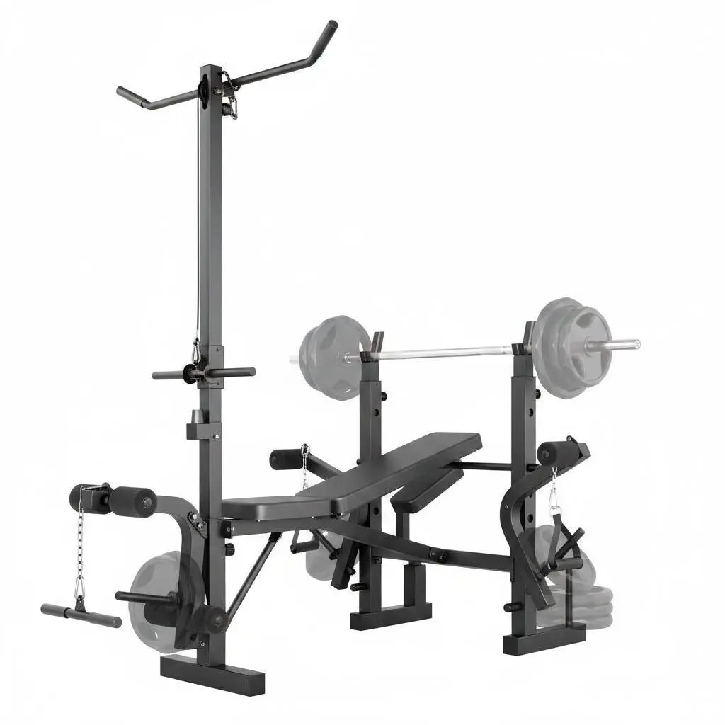 7-in-1 Adjustable Weight Bench Press Set - Home Gym Strength Conditioning Equipment with Squat Rack, Leg Extension, Preacher Curly, Lat Pulldown, Collapsible Adjustable Fitness Tool for Weight Lifting, Workout, Exercise Equipment (Black)