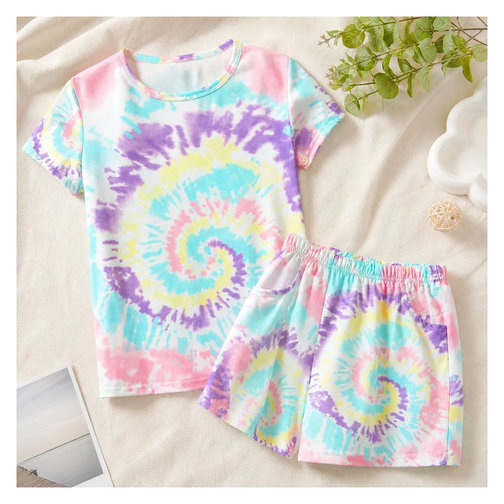 Girls Tie Dye Pajama Set with Cute Prints Tee & Shorts, Sizes 6-18 | Lightweight Breathable 2-Piece PJs, Soft Jammies for Little & Big Girls, Ideal for Lounging and SleepingGift
