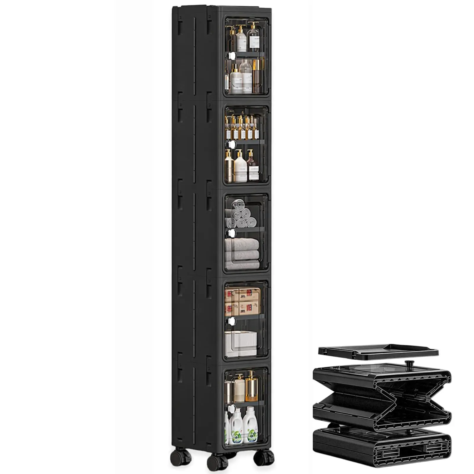 5-Tier White Slim Narrow Rolling Storage Cabinet Tall Bathroom Organizer with Adjustable Shelves for Small Space Laundry Kitchen Compact Design